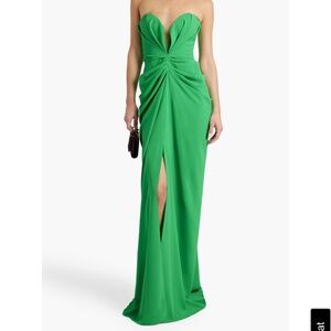 Rhea Costa Strapless green tulle-trimmed draped twill gown